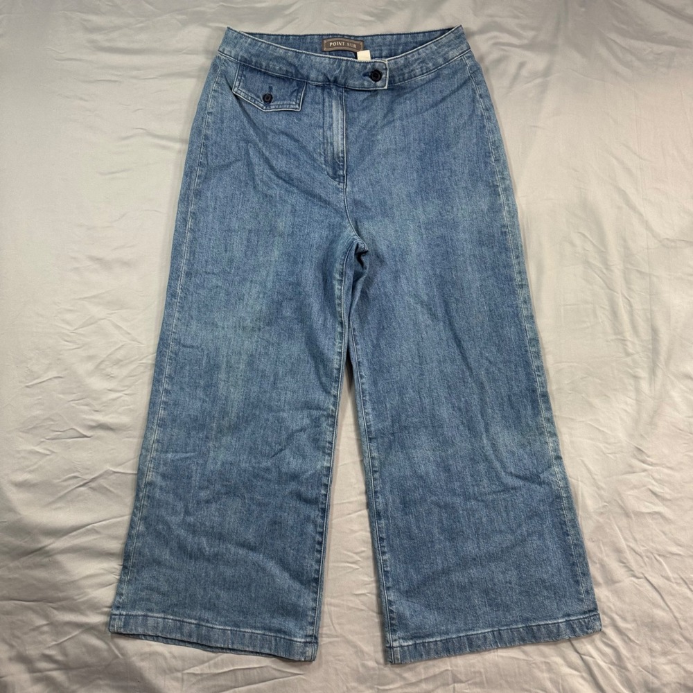 POINT SUR Wide Leg Flared Cropped Jeans‎ Women's 31 Modern Chic Boho Blue
